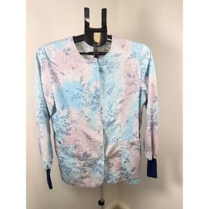 Blue Pink Floral‎ Batik Scrub Jacket Snap Front Ribbed Cuffs Pockets L